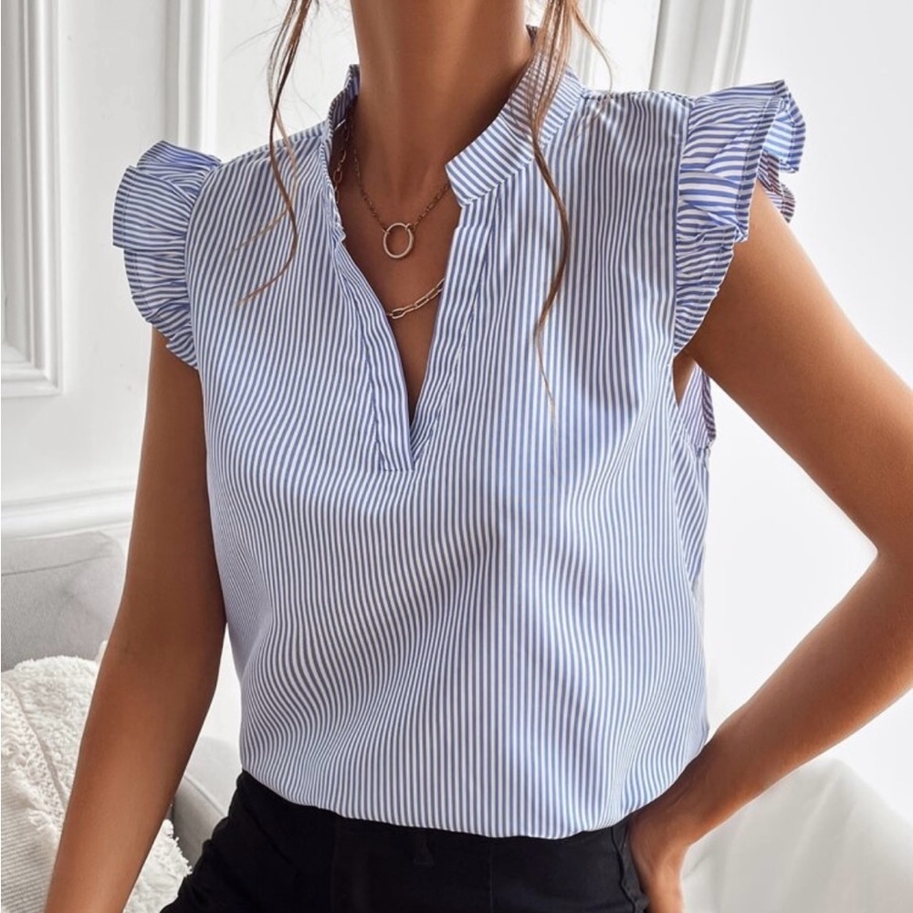SHEIN Blue & White Pinstripe Ruffle Sleeve V-Neck Top